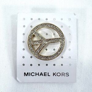 MICHAEL KORS Gold Tone Crystal Peace Sign Pin Brooch Button New on Card